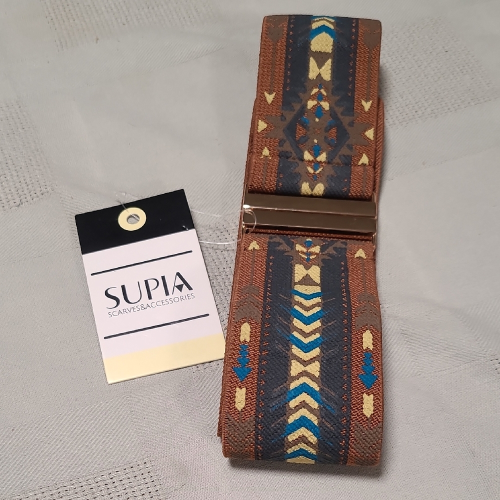 Aztec Native American Elastic Waist Belt w/ Metal Clasp Supia Brown Cream Blue